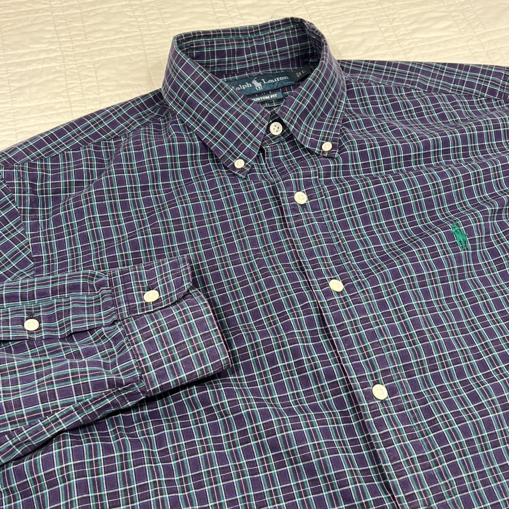 Ralph Lauren Mens Custom Fit‎ Plaid Button Down Shirt Purple Green Cotton Large